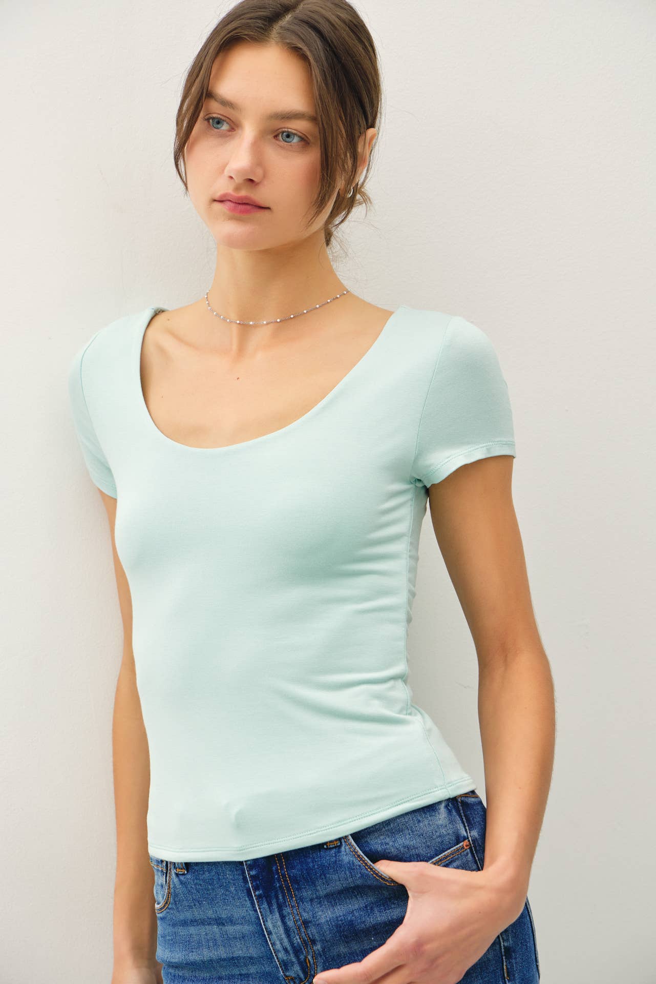Be Cool BASIC THREADS DOUBLE LINED SCOOP NECK CAP SLEEVE TOP Seafoam