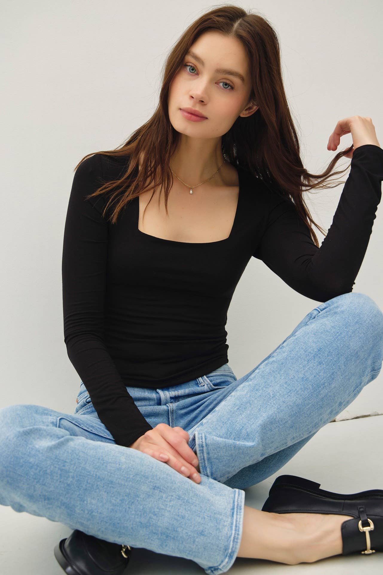 Be Cool BASIC THREADS SQUARE NECK LONG SLEEVE TOP Black