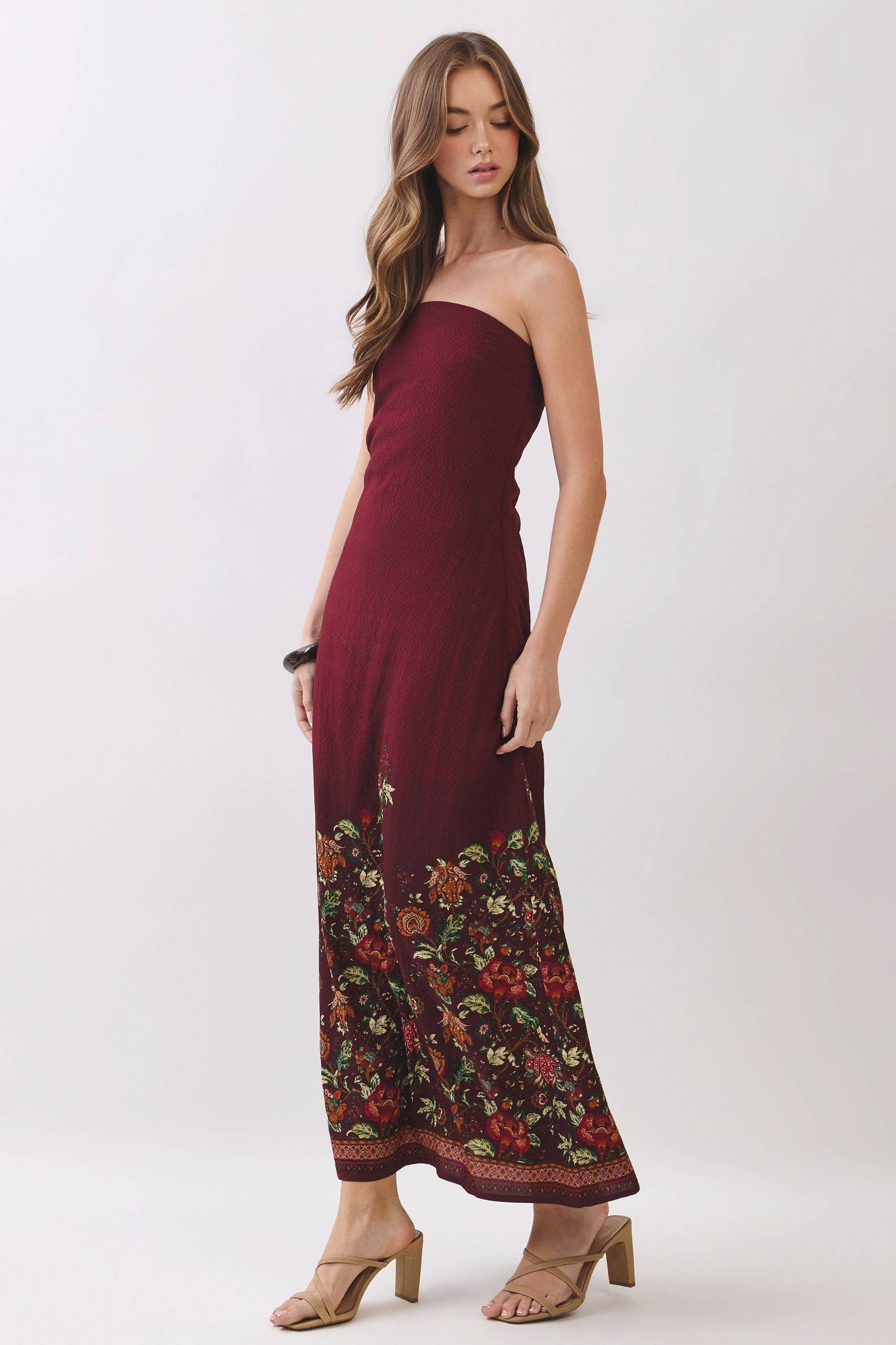 TCEC CD07414-Border Floral Strapless Maxi Dress
