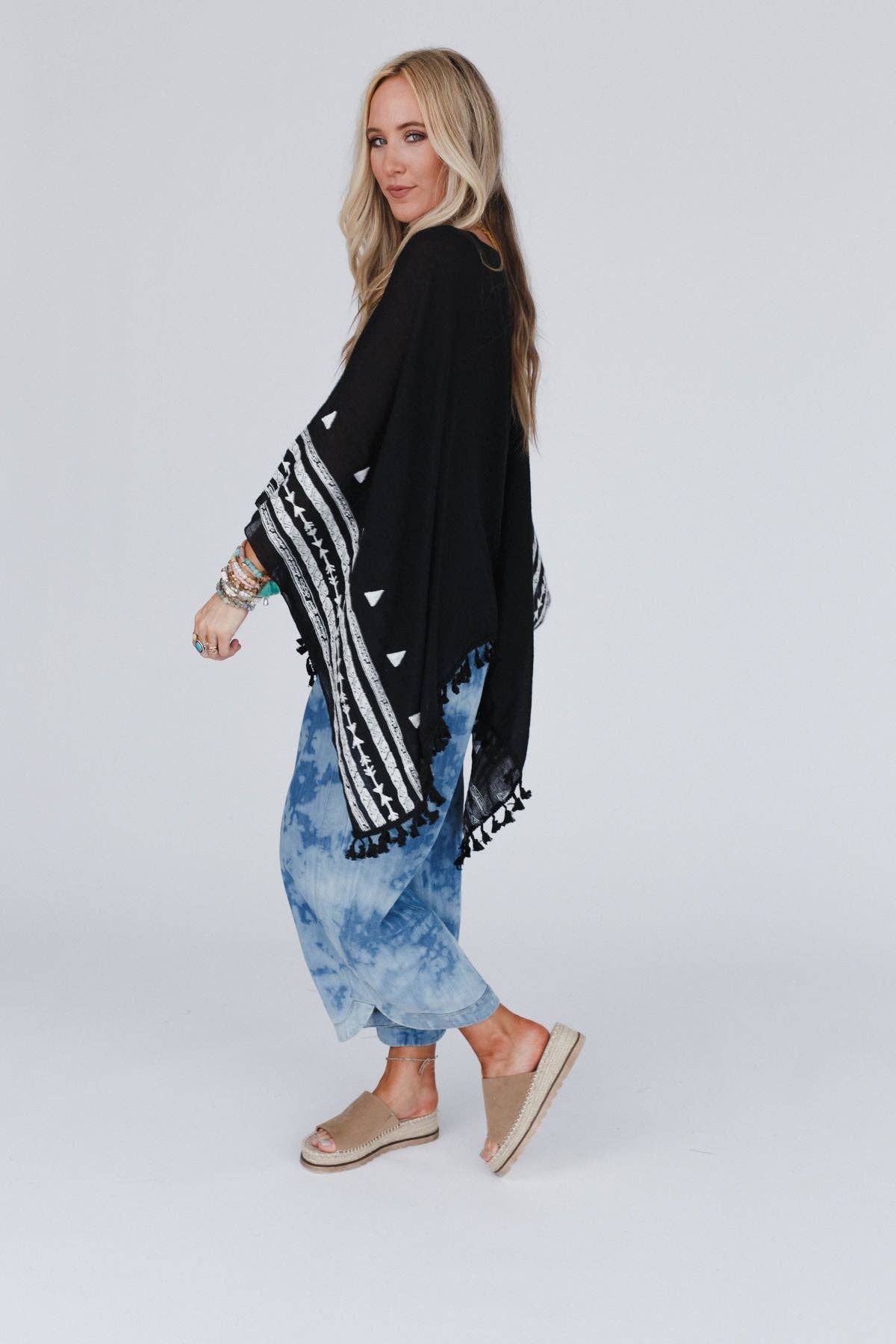 Three Bird Nest Fallon Embroidered Sleeve Tassel Poncho - Black