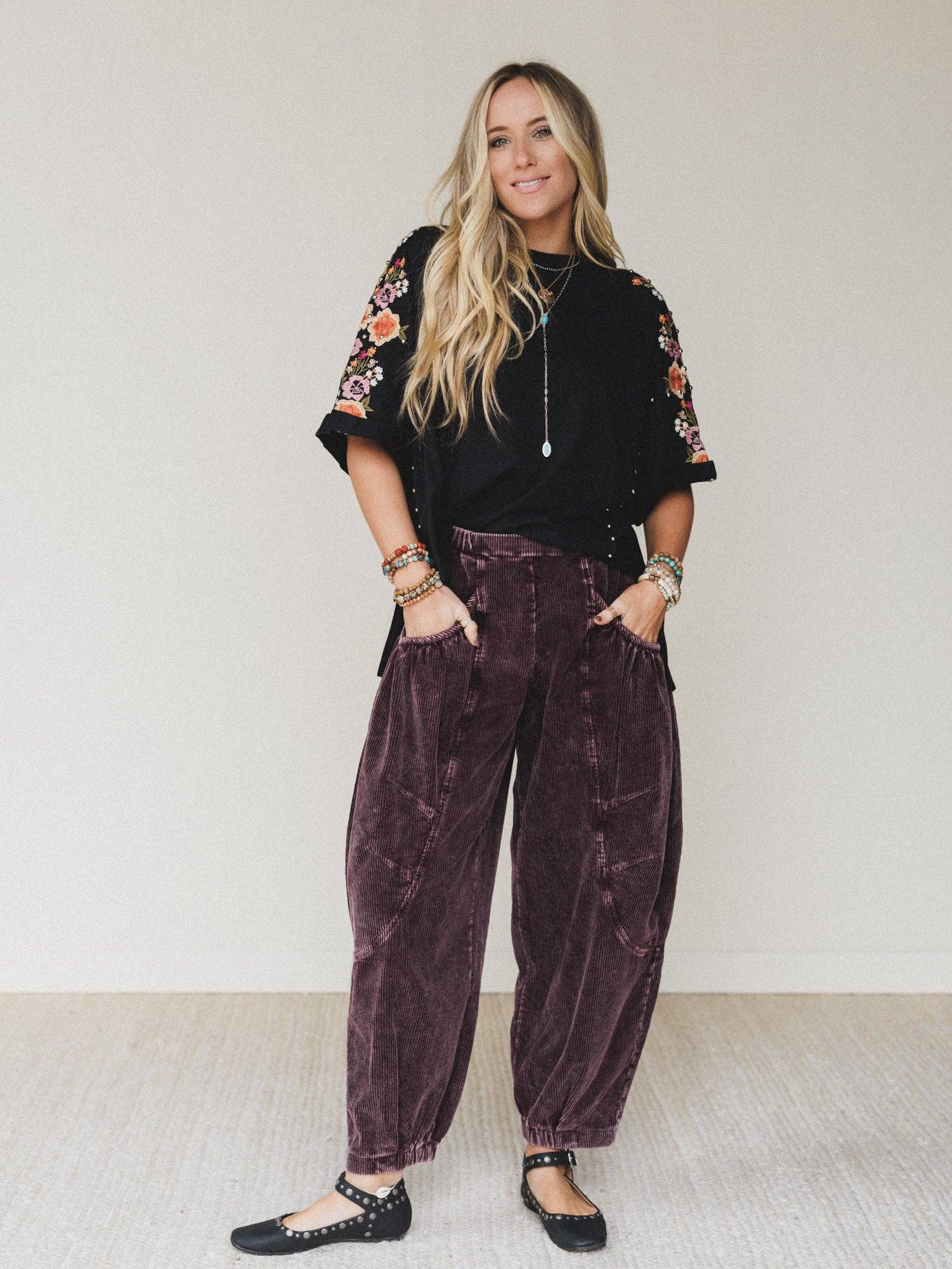 Three Bird Nest Tomcat Studded High Low Top - Black Floral Embroidery