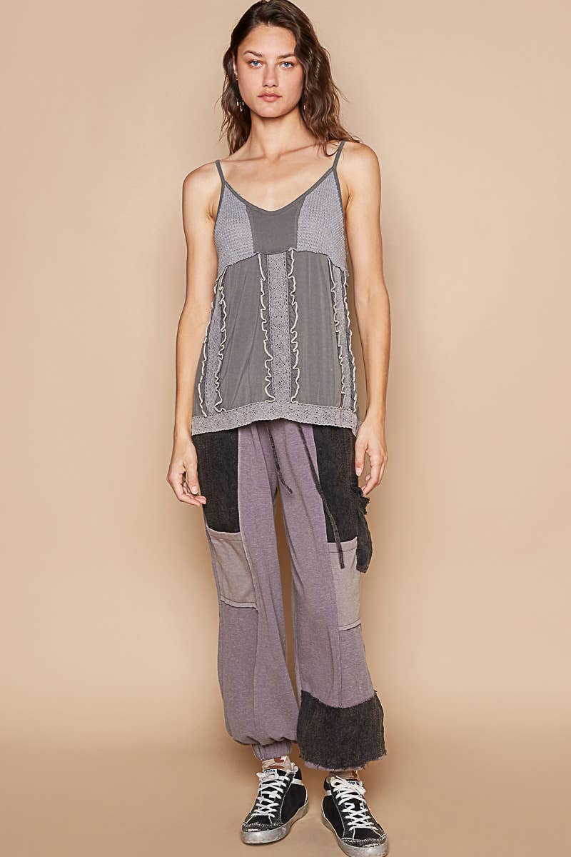 Pol Clothing V-neck sleeveless thermal contrast big ruffle front knit top