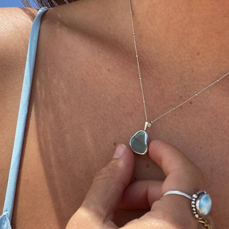 The Salty Gem Blue Sea Glass Necklace (Handmade)