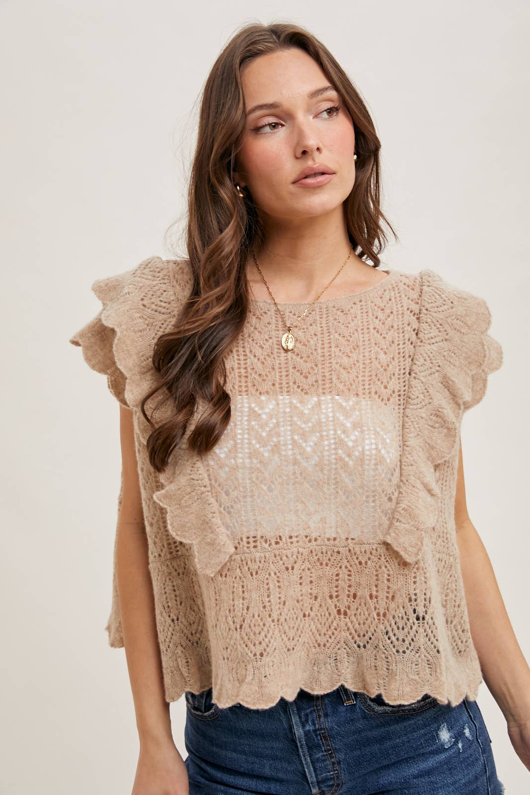 Bluivy OPEN KNIT FLUTTER-SLEEVE POINTELLE SWEATER TOP
