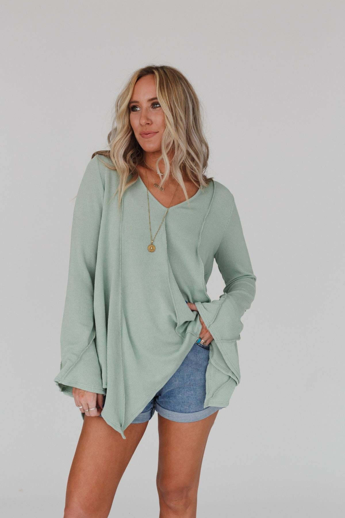 Three Bird Nest Golden Hour Long Bell Sleeve Top - Sage