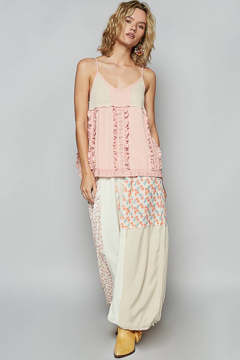 Pol Clothing V-neck sleeveless thermal contrast big ruffle front knit top