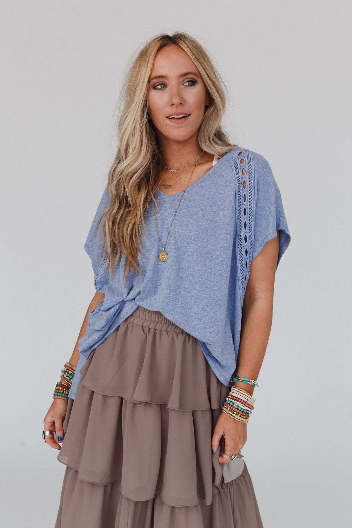 Three Bird Nest Camden Lace V Neck Top - Denim