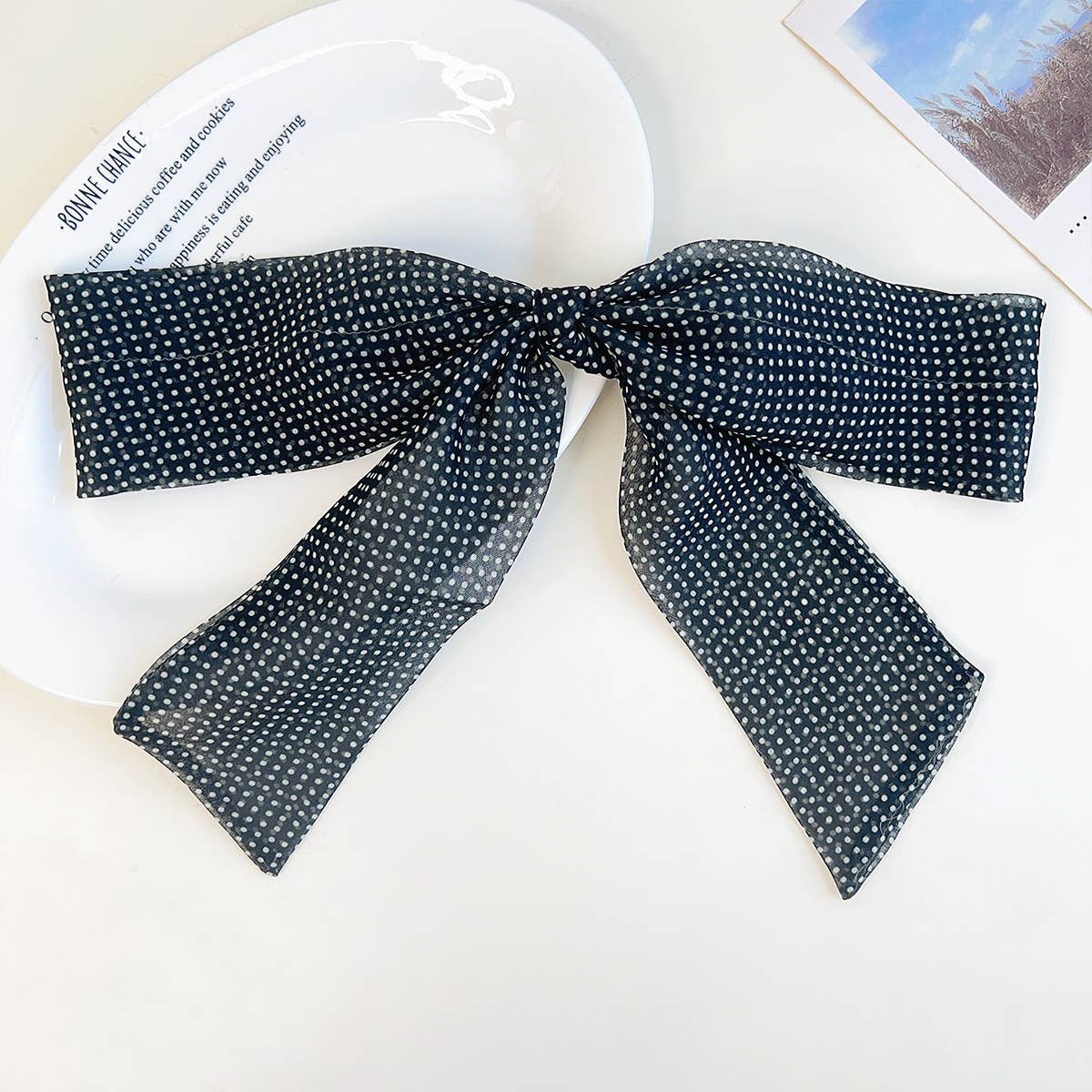 Adorro Polka Dot Ribbon Bow French Barrette Clip