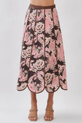 TCEC CS4094-Floral Print Saclloped Hem Paneled Midi Skirt Brown
