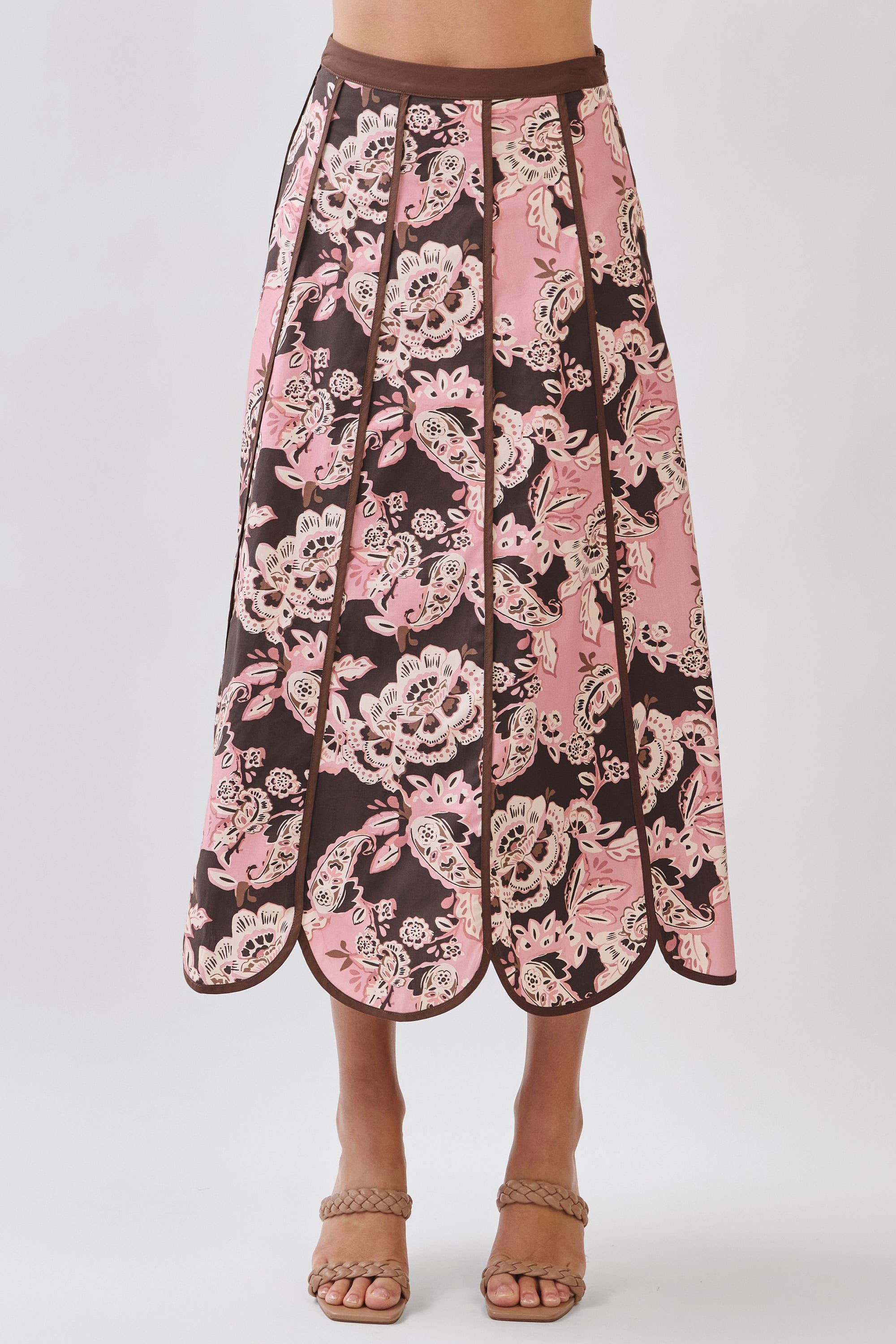 TCEC CS4094-Floral Print Saclloped Hem Paneled Midi Skirt Brown