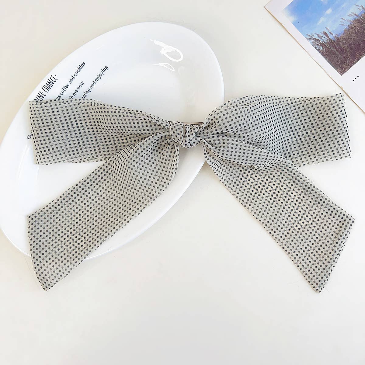 Adorro Polka Dot Ribbon Bow French Barrette Clip