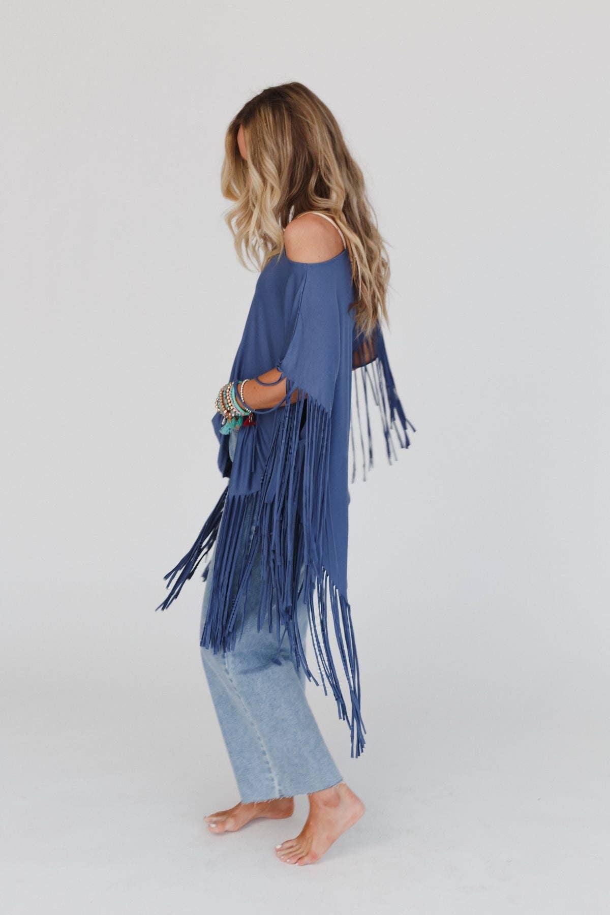 Three Bird Nest Western Showstopper Fringe Top - Denim