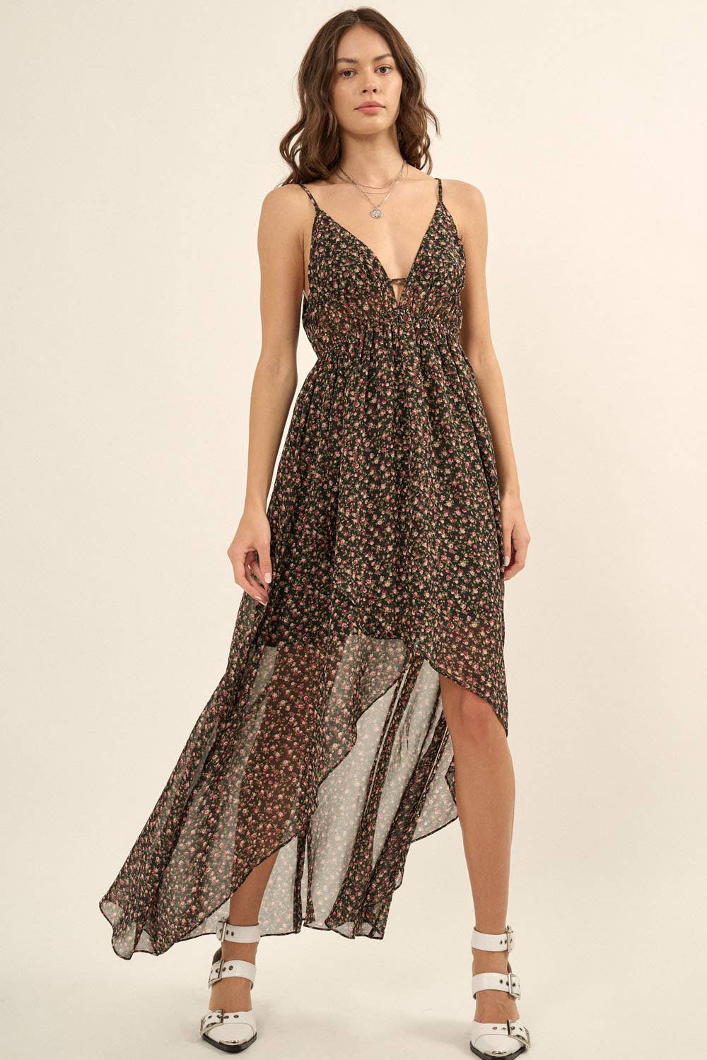 Promesa USA Floral Chiffon Plunge V Neck Cami Strap Midi Dress