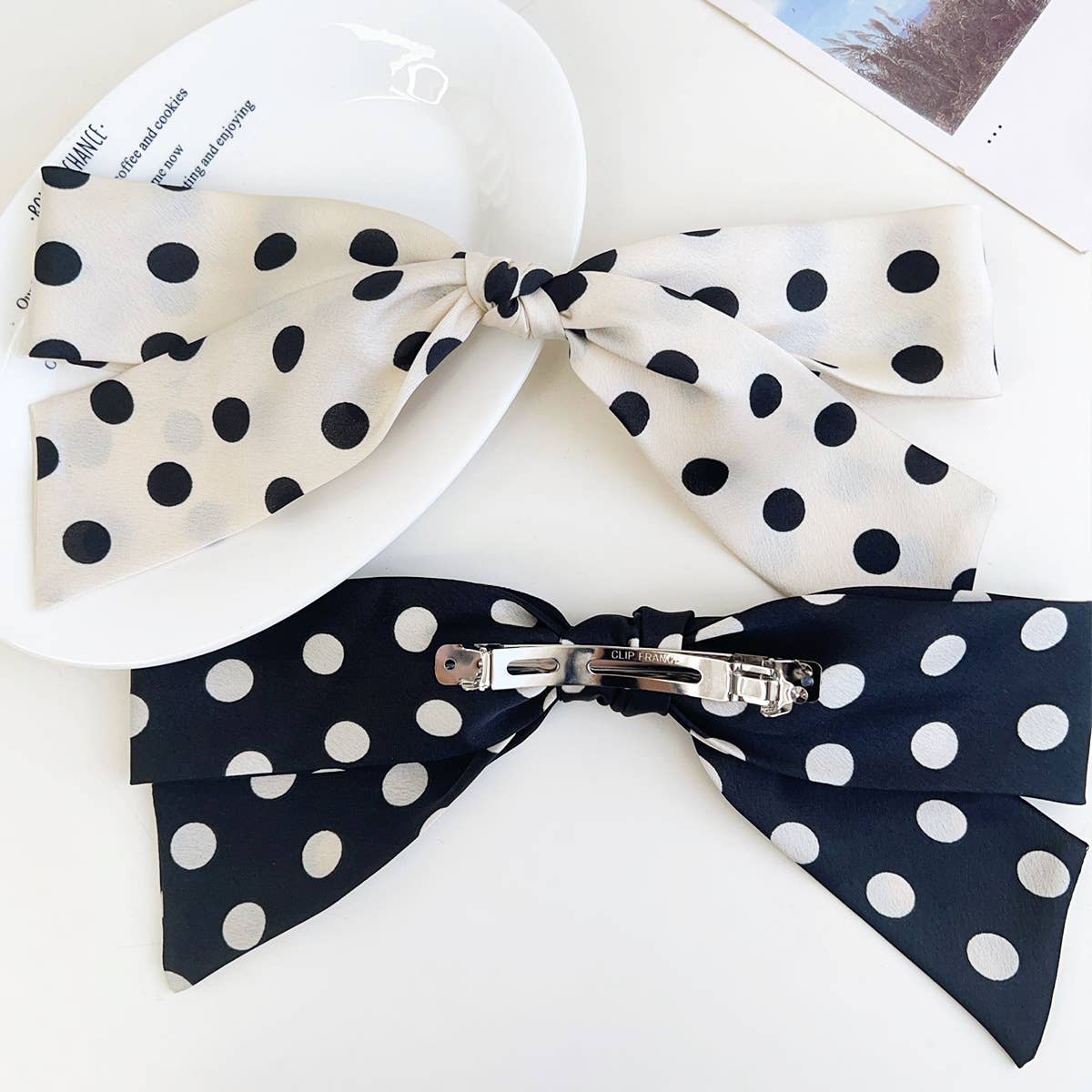 Adorro Polka Dot Ribbon Bow French Barrette Clip