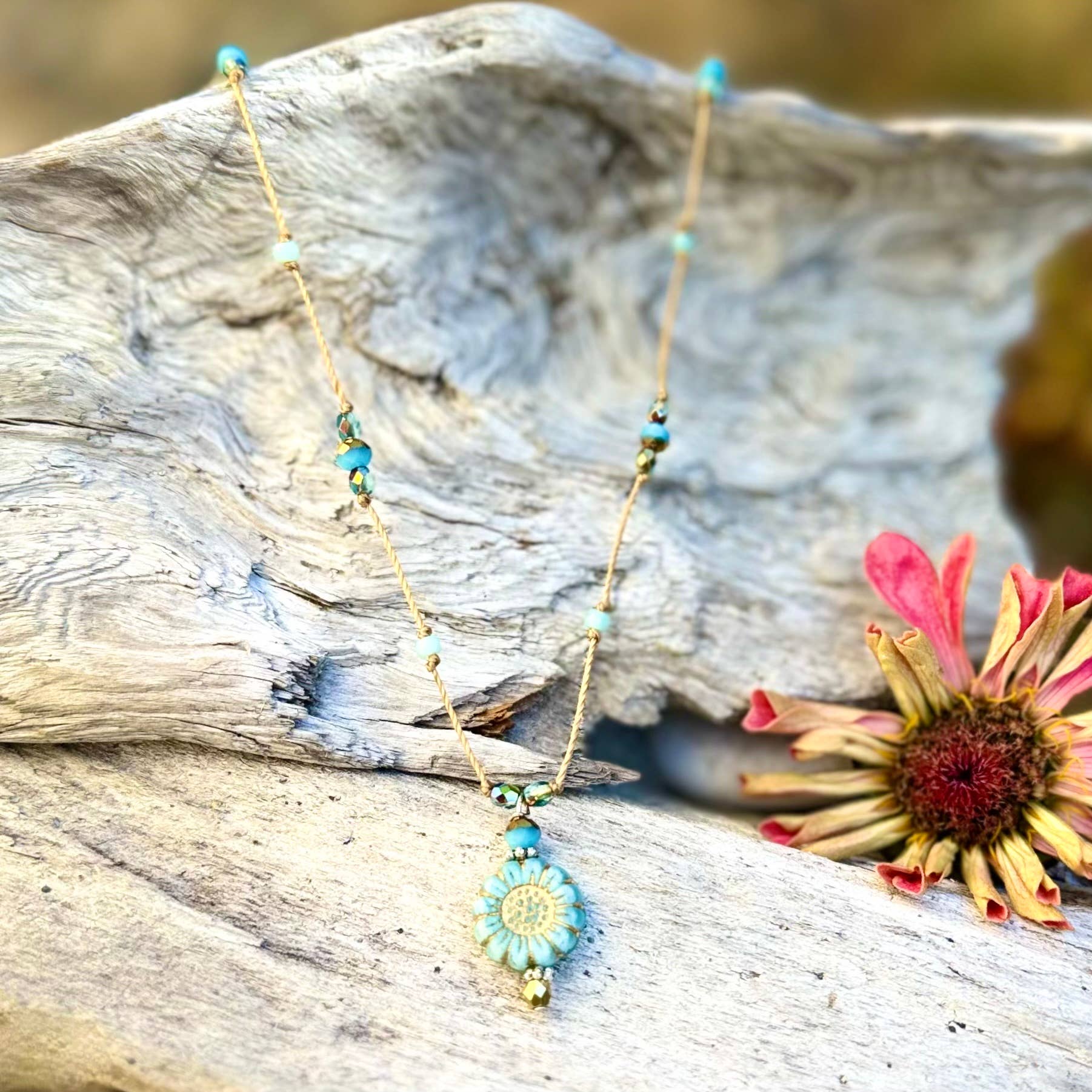 Jo Bird Jewelry Sunflower Pendant Necklace Denim Opaline