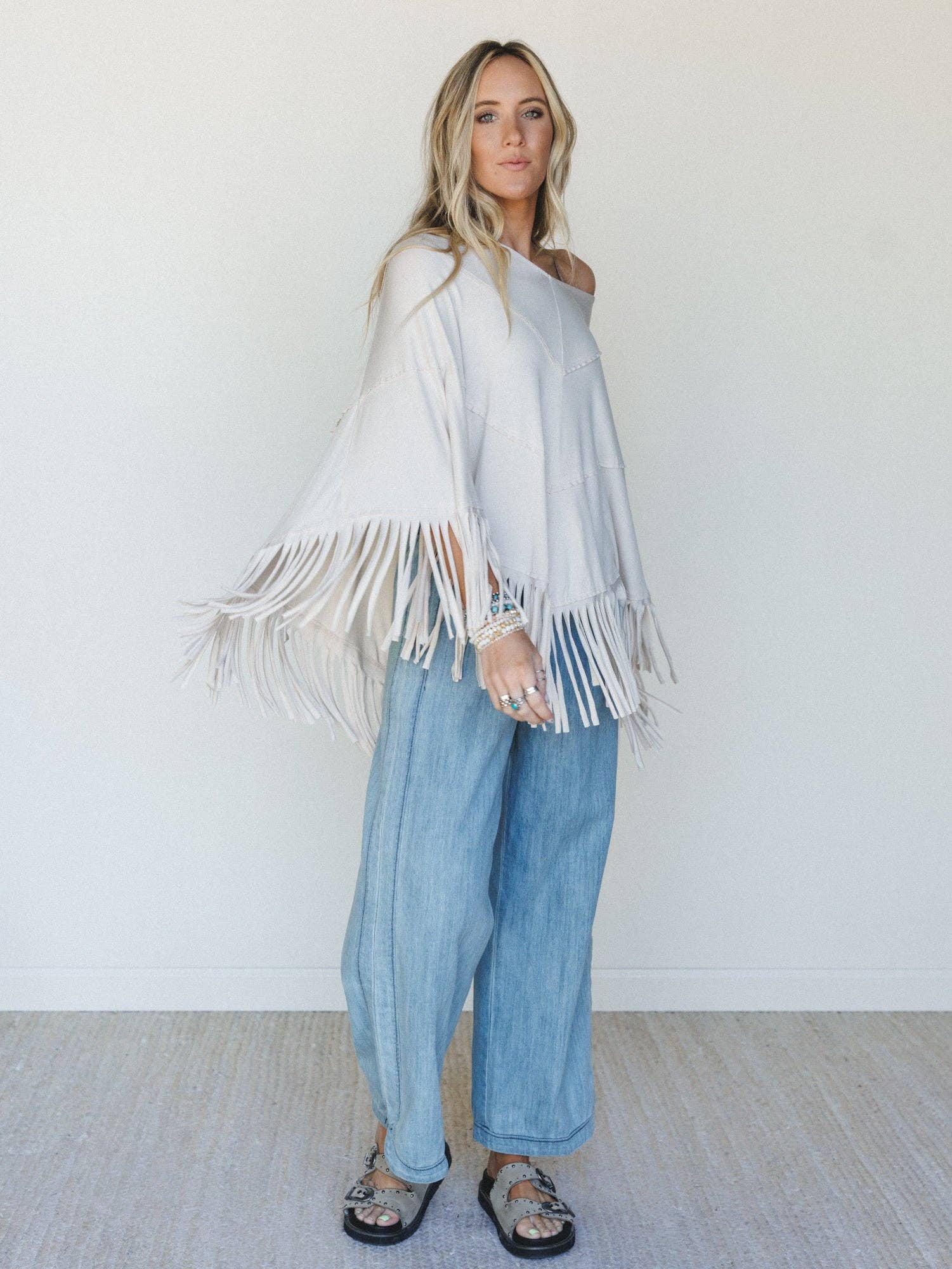 Three Bird Nest Showstopper Fringe Poncho - Oat