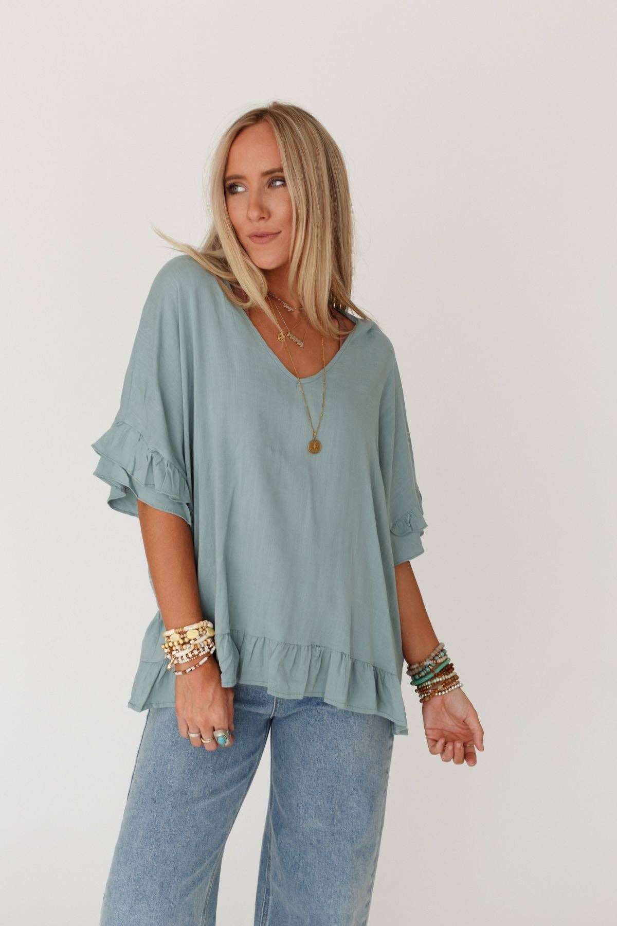 Three Bird Nest Let Me Be Ruffled Top - Beach Glass