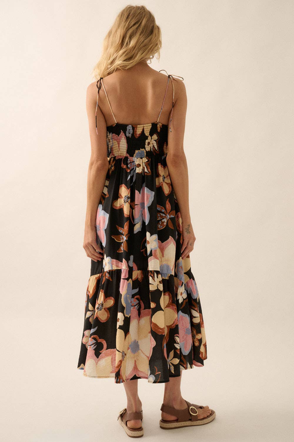 Promesa USA TEXTURED FLORAL-PRINT TIE-FRONT RUFFLE MIDI DRESS