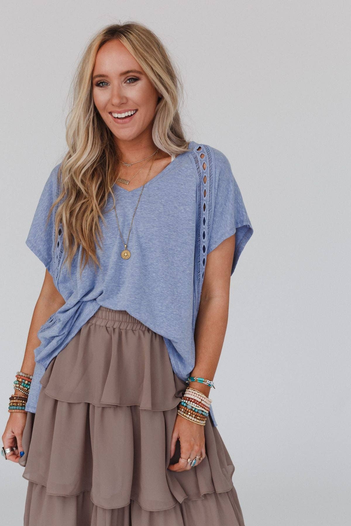 Three Bird Nest Camden Lace V Neck Top - Denim