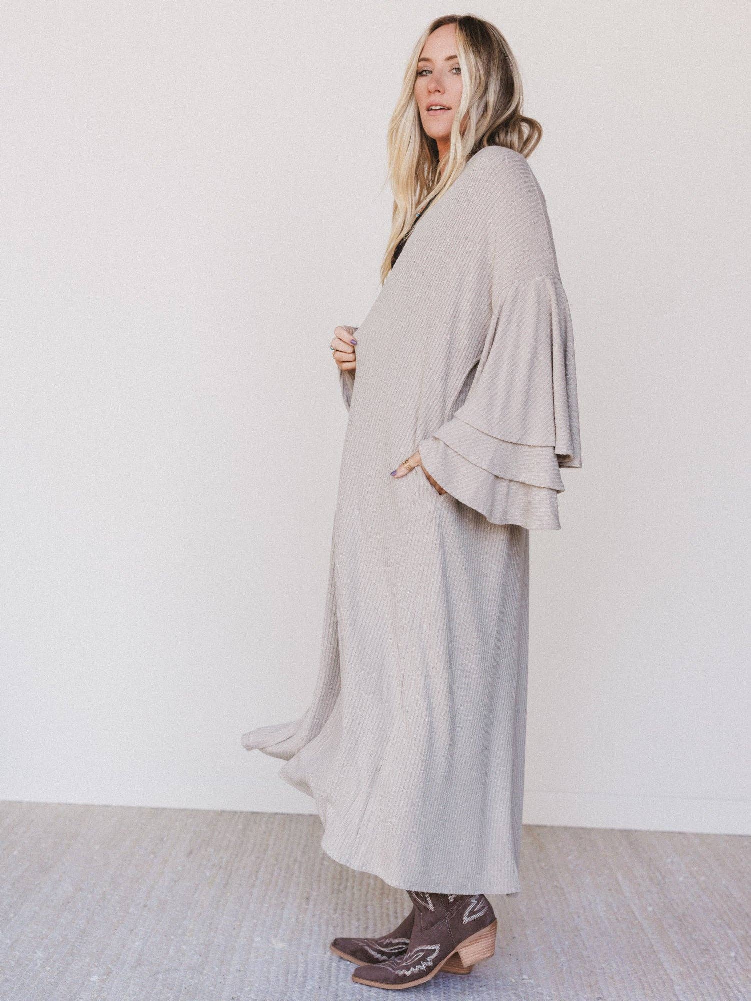 Three Bird Nest Radiant Ruffles Duster Cardigan - Taupe Taupe