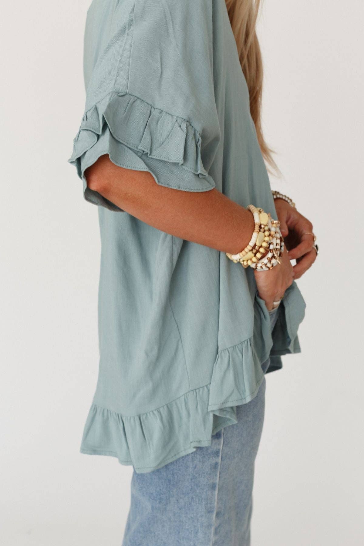 Three Bird Nest Let Me Be Ruffled Top - Beach Glass