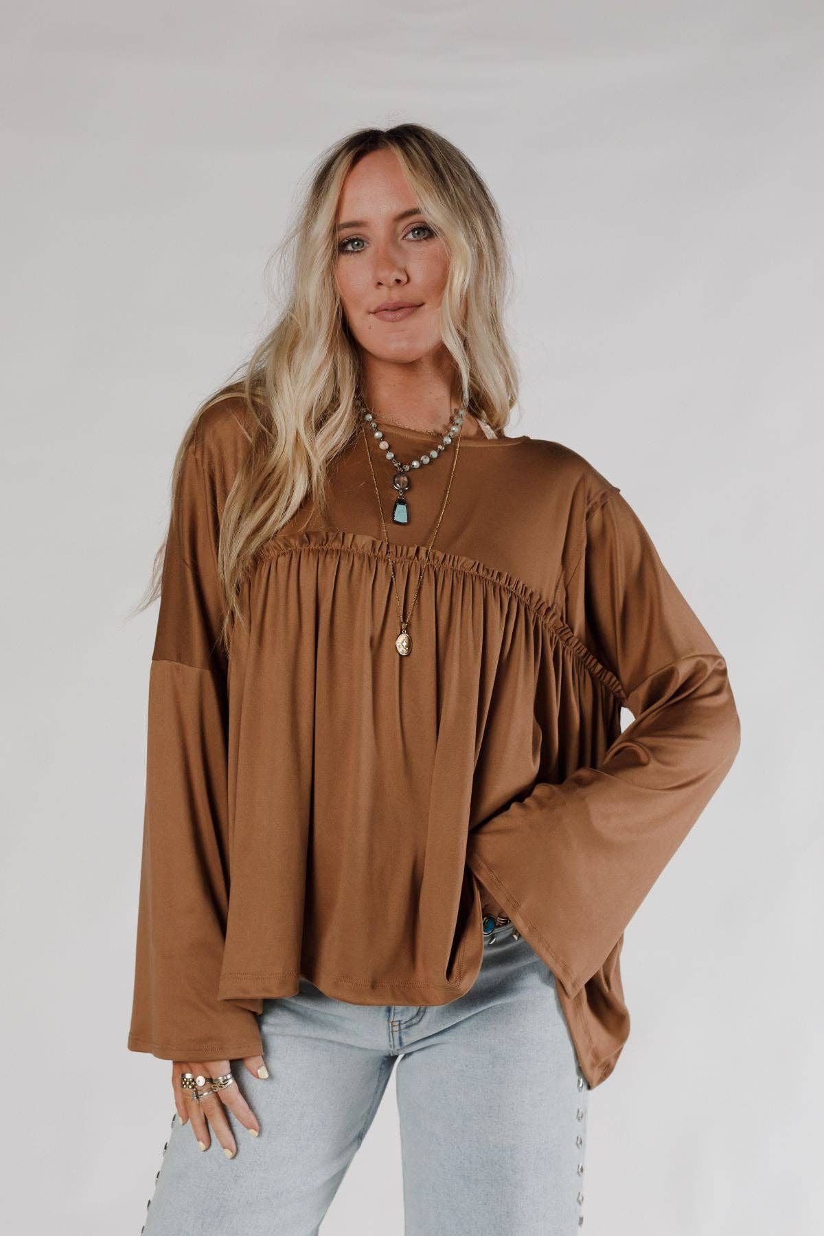 Three Bird Nest Solid Serenity Long Sleeve Babydoll Top - Chestnut