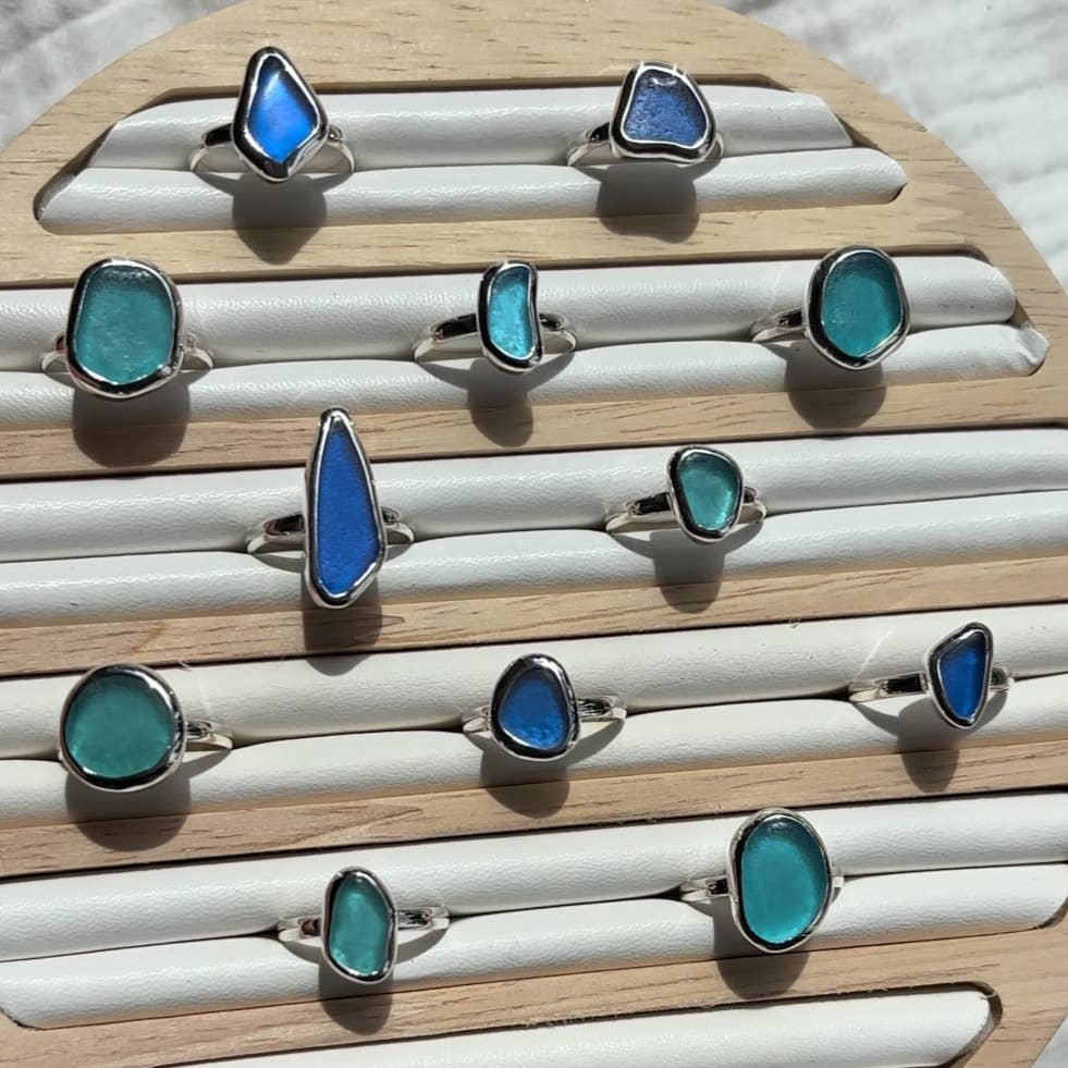 BLUE SEA GLASS RING (HANDMADE)