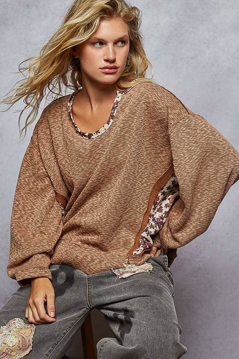 Pol Clothing Autumn wreath knit top CHOCOLATE