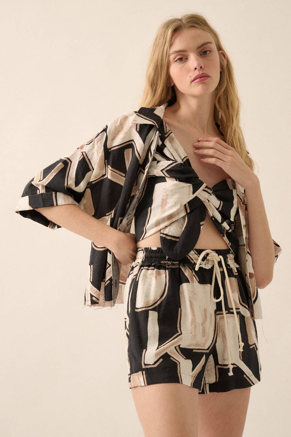 Promesa USA Abstract-Print Colorblock 3/4-Sleeve Shirt