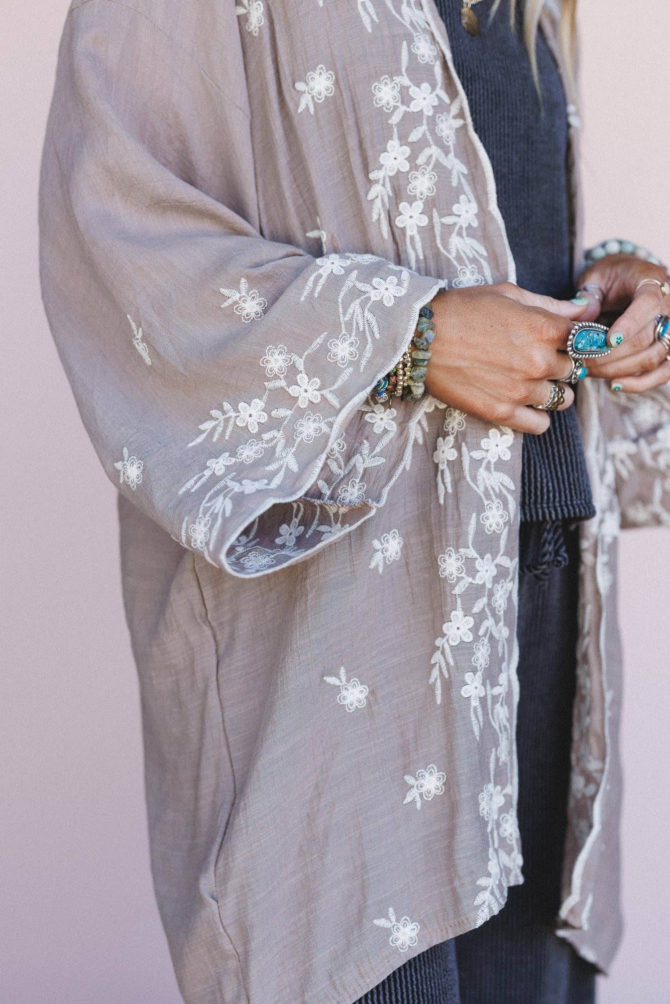Three Bird Nest Flower Crowns Embroidered Kimono - Mocha Brown OS