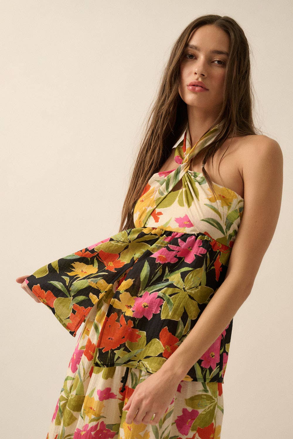 Promesa USA Two-Tone Floral Convertible Flyaway Halter Top