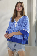 Oddi Blueberry Pie V Neck Top Blue Combo