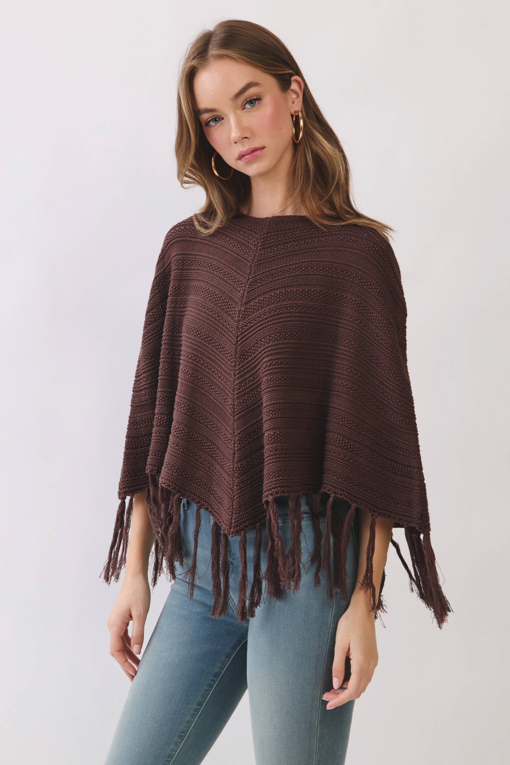 TCEC CW2663-Fringe Hem Boat Neckline Knit Poncho
