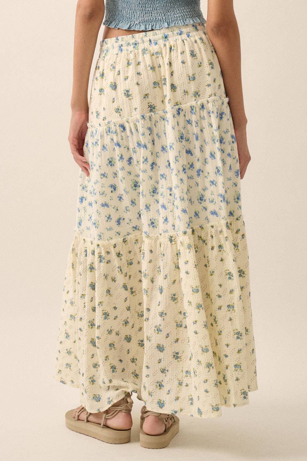 Promesa USA FLORAL CRINKLE COTTON COLORBLOCK TIERED MAXI SKIRT