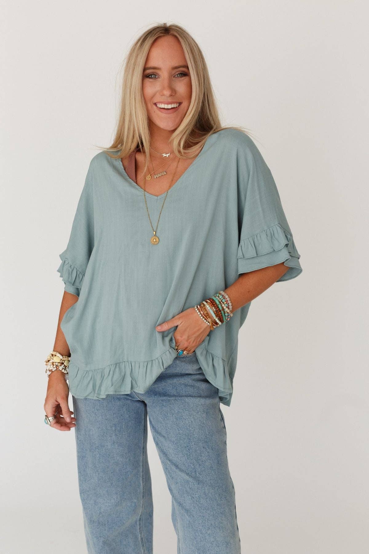 Three Bird Nest Let Me Be Ruffled Top - Beach Glass