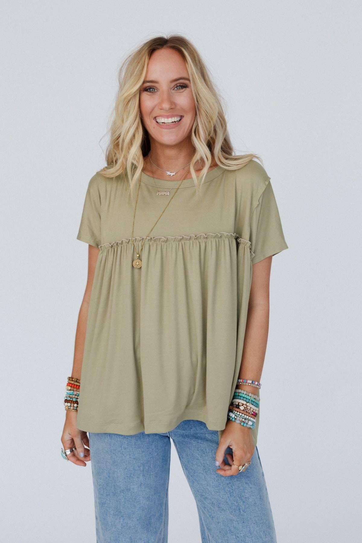 Three Bird Nest Sunday Morning Babydoll Top - Light Olive