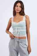 Sky to Moon DAMAGED: DOUBLE TIES TIERED WIDE LACE TRIM CROP CAMI TOP Mint