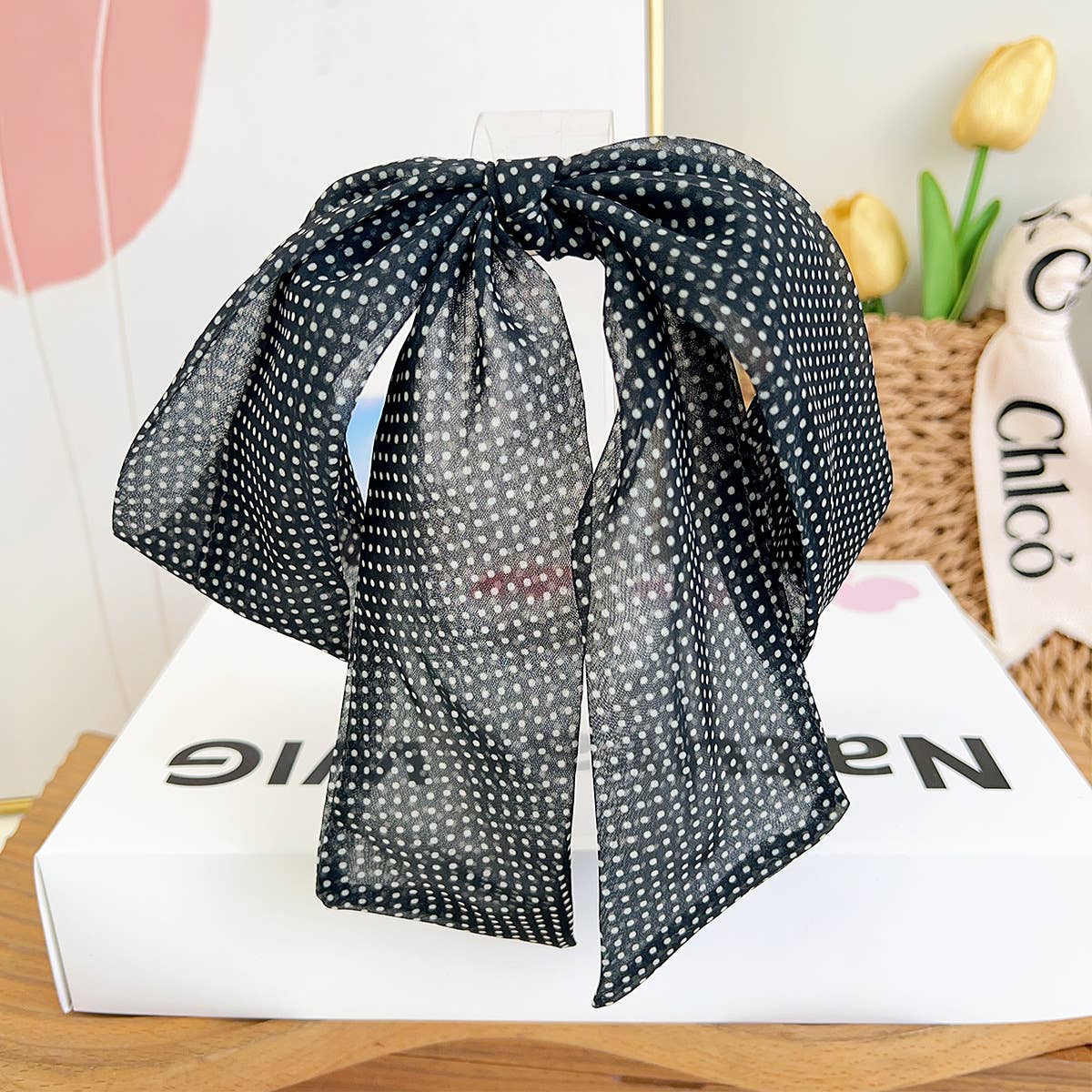 Adorro Polka Dot Ribbon Bow French Barrette Clip Navy - Small Dot