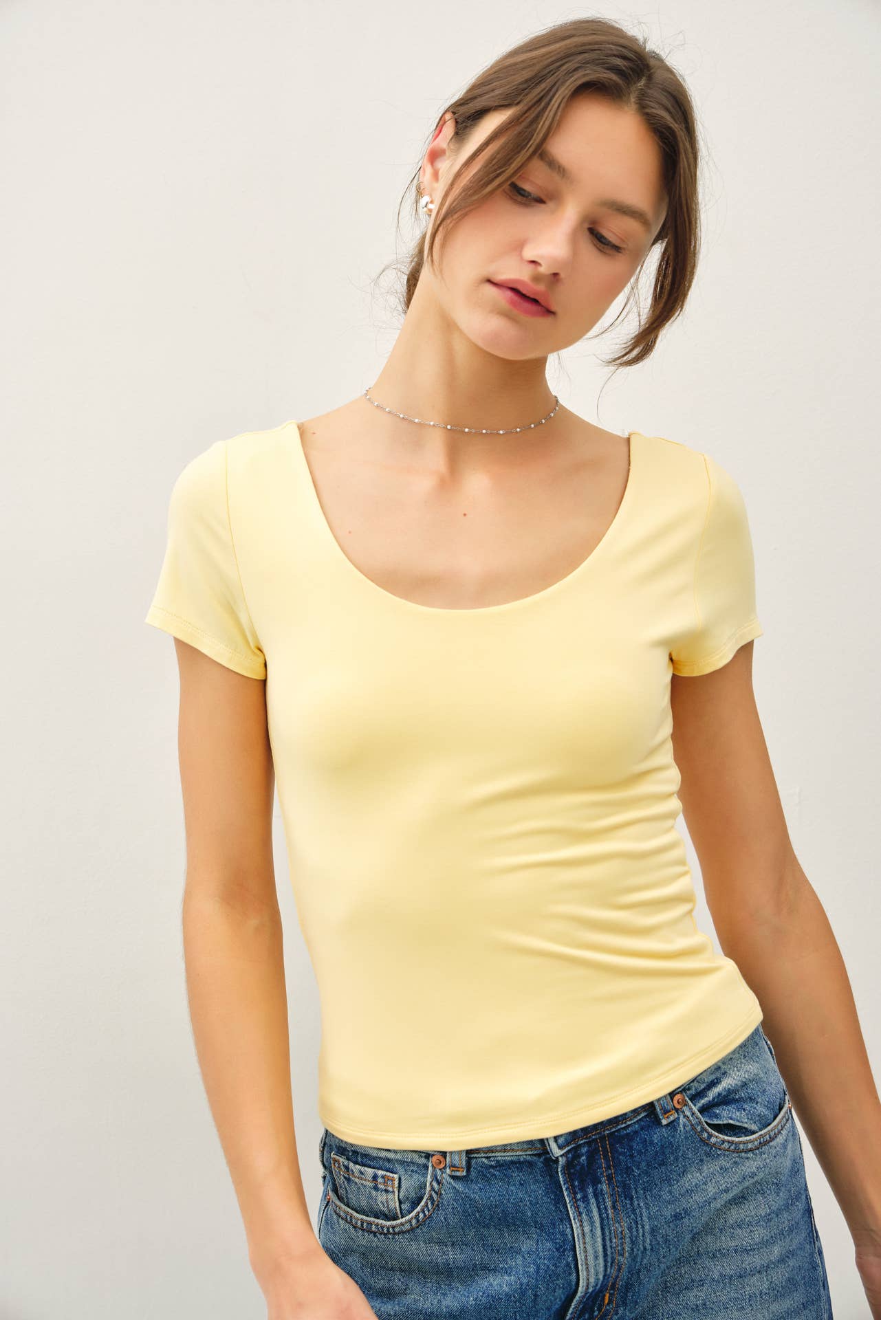Be Cool BASIC DOUBLE LINED SCOOP NECK CAP SLEEVE TOP Lemon