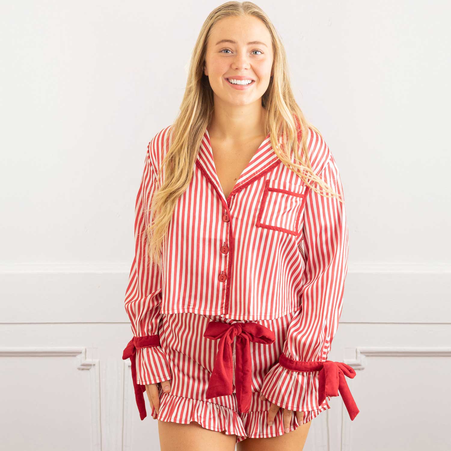 8 Oak Lane Red Stripe Satin Ruffle Short PJ Set