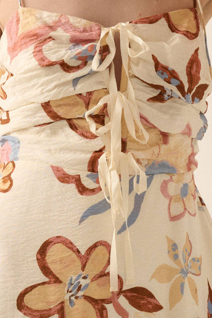 Promesa USA TEXTURED FLORAL-PRINT TIE-FRONT RUFFLE MIDI DRESS