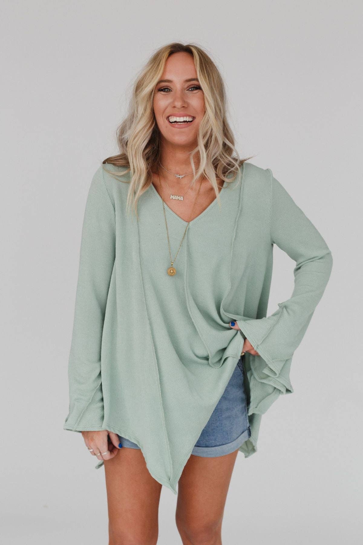 Three Bird Nest Golden Hour Long Bell Sleeve Top - Sage