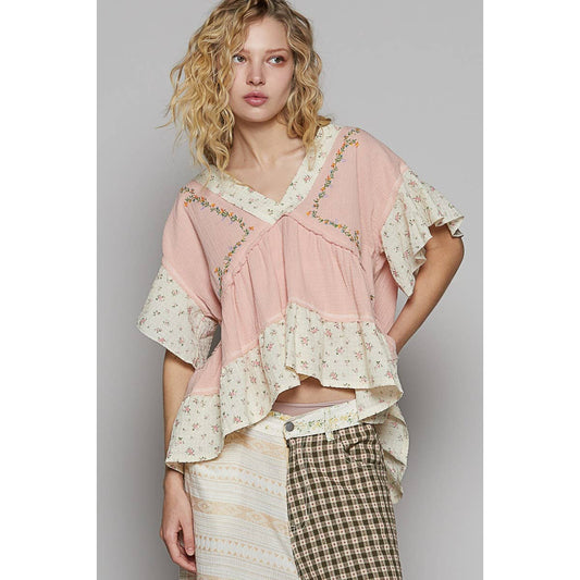 V-NECK SHORT SLEEVE EMBROIDERY WOVEN TOP