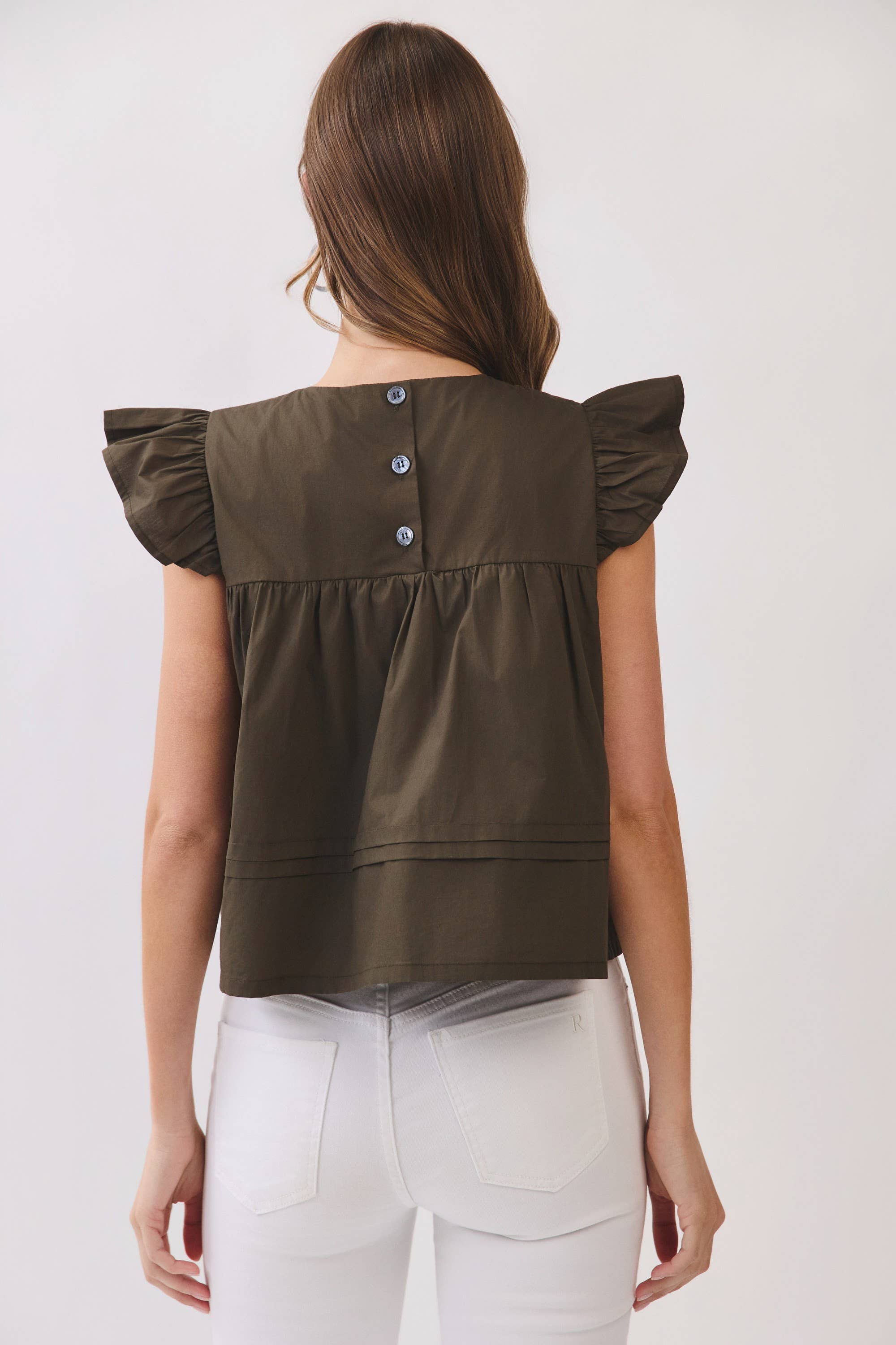TCEC CT10115-Ruffle Sleeve Button Back Babydoll Top
