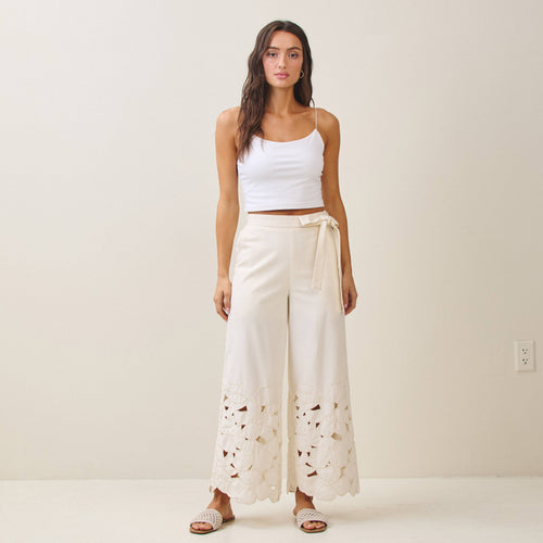Able AP2817 Floral embroidered cutout pants with waist tie