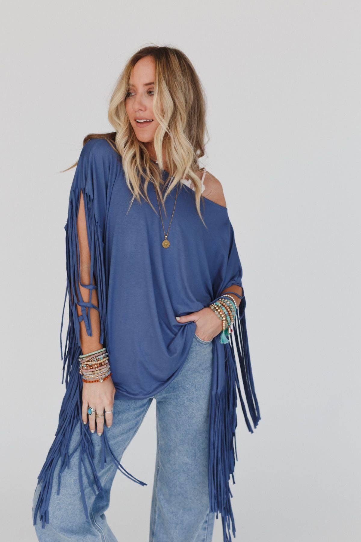 Three Bird Nest Western Showstopper Fringe Top - Denim