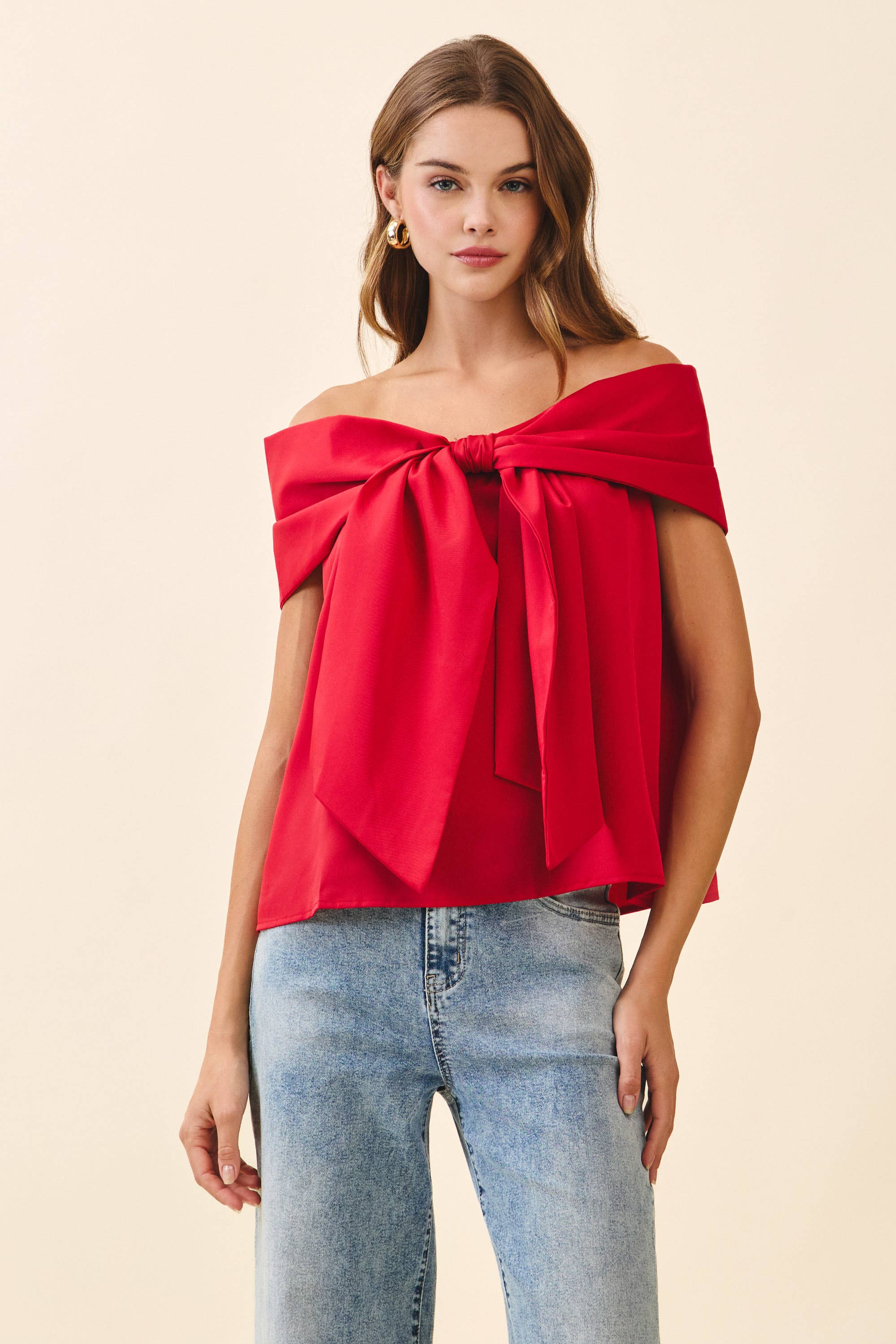 TCEC CT9079-Bow Accented Off The Shoulder Top