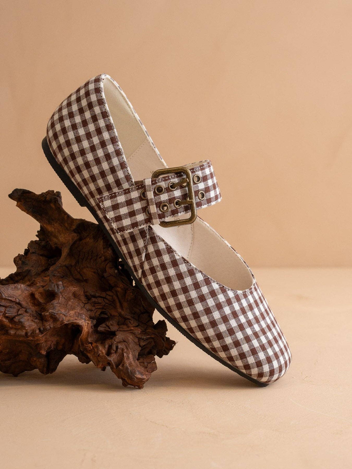OASIS SOCIETY The Soho | Coffee Gingham Ballet Fall Flat Studded Buckle