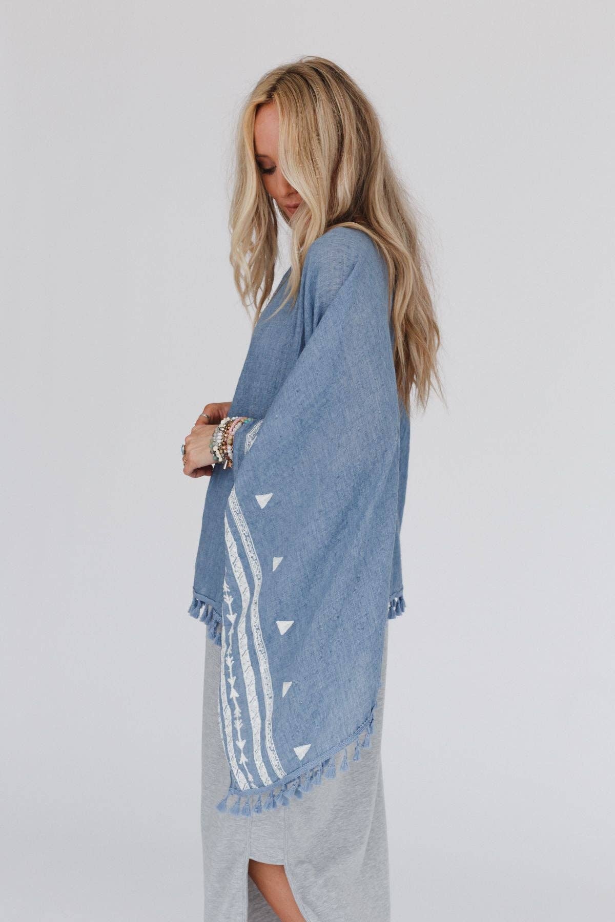 Three Bird Nest Fallon Embroidered Sleeve Tassel Poncho - Blue