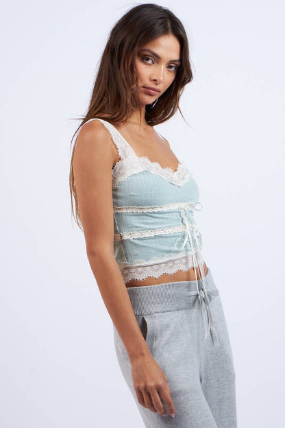 DOUBLE TIES TIERED WIDE LACE TRIM CROP CAMI TOP